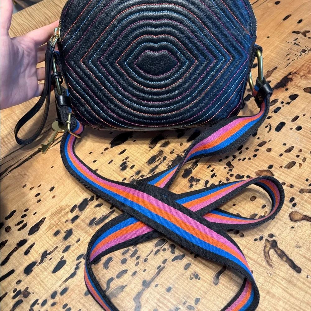 Fossil Black Quilted Crossbody Bag with Multicolor Strap - Picture 3 of 13